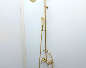 Unlacquered Brass Shower System with Handheld Shower Head and Round Shower Head
