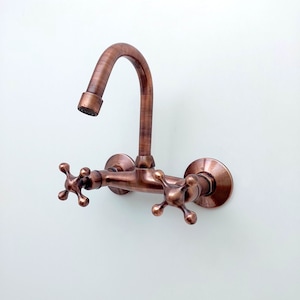 Copper Wall Mount Faucet, Gooseneck Faucet, Vintage Copper Wall Mounted tap, 2 Hole Wall Mount Bathroom Faucet with Cross Handles