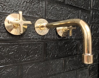 Unlacquered Brass Wall Mounted Bathroom Faucet - Vessel Sink Faucet with Cross or Lever Handles