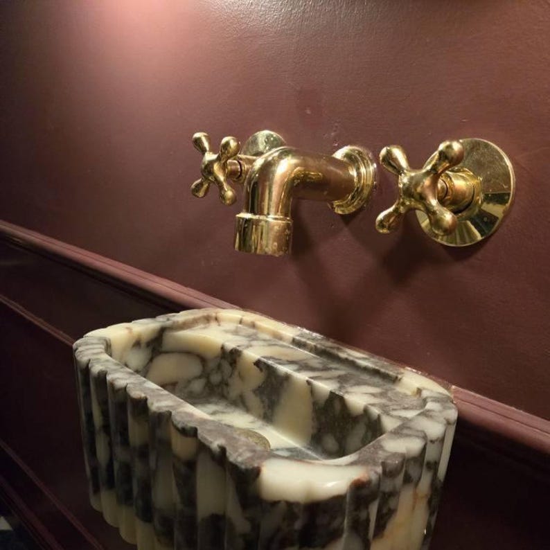 Unlacquered Brass Wall Mount Faucet | Cross Handle Vessel Sink image 3