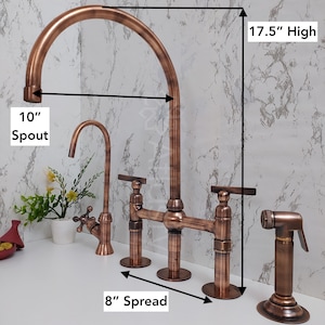 Copper Kitchen Bridge Faucet Copper Tap with Lever Handle Copper Sprayer & Filtered Water Tap Copper Antique Faucet image 7