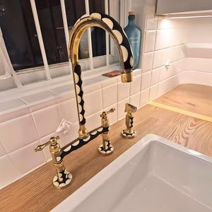 Unlacquered Brass Kitchen Faucet | Resin and Brass Bridge Faucet with Lever or Cross Handles | Black and White Pattern | Antique Faucet