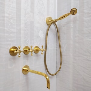 Unlacquered Brass Wall Mount Shower System, Bathtub Faucet, Handheld Shower