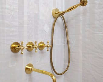 Sistema de ducha de pared de latón sin lacar, grifo de bañera, ducha de mano