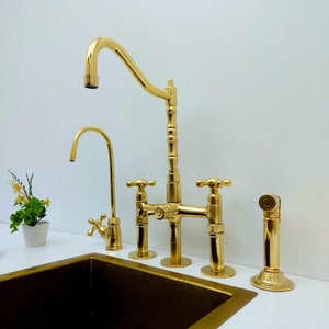 Brass Kitchen Faucet With Sprayer, Cold Water Faucet And Cross Handles, Unlacquered Brass Bridge Kitchen Faucet, Antique Kitchen Sink Faucet