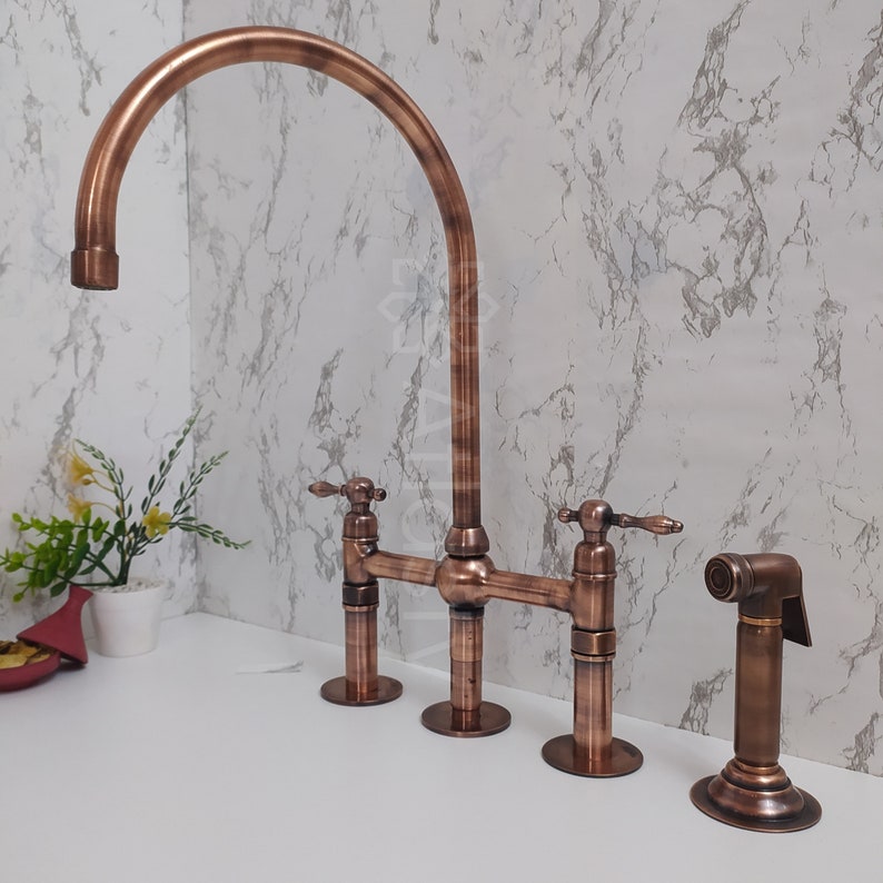 Copper Kitchen Bridge Faucet Copper Tap with Lever Handle Copper Sprayer & Filtered Water Tap Copper Antique Faucet image 4