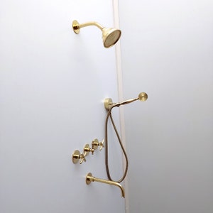 Unlacquered Brass Shower System with Handheld Shower Head, Tub Filler and Round Shower Head