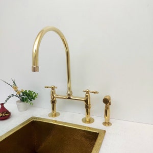 8&quot; Unlacquered Brass Bridge Kitchen Faucet with Sprayer and Lever Handles, Vintage Brass Faucet