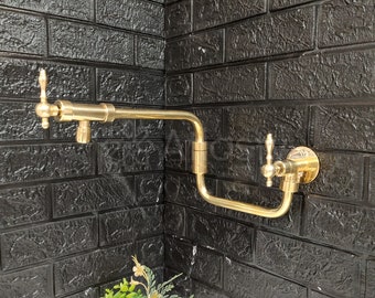 Handcrafted Unlacquered Brass Pot Filler Kitchen Faucet, Lever Handle