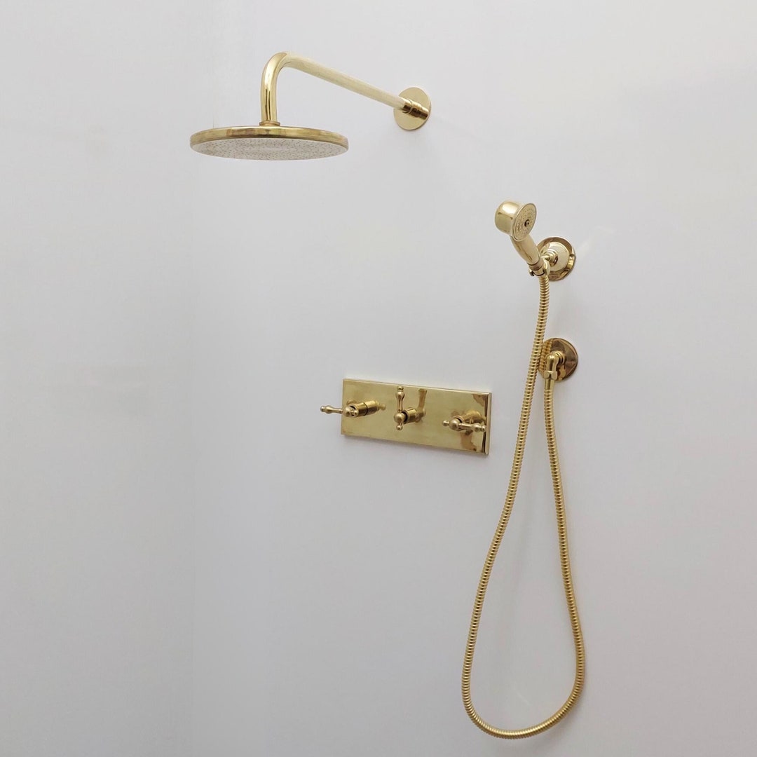 Unlacquered Brass Shower System, Lever Handles, Rain Shower Head - Etsy