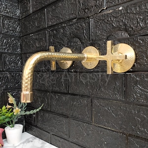 Unlacquered Brass Hammered Wall Mounted Bathroom Faucet - Vessel Sink Faucet with Cross or Lever Handles