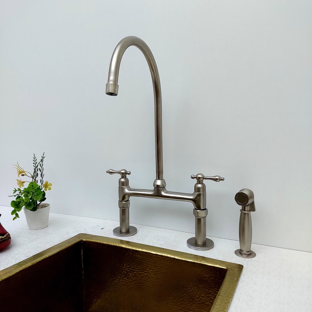8 Nickel Finish Bridge Faucet, Brass Vintage Faucet With Sprayer and