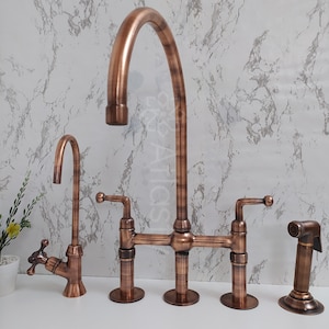 Copper Kitchen Bridge Faucet Copper Tap with Lever Handle Copper Sprayer & Filtered Water Tap Copper Antique Faucet image 3