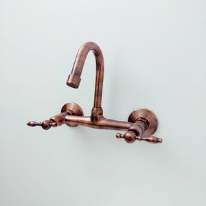 8" Copper Gooseneck Wall Mount Faucet with Lever Handles - Vintage 2 Hole Bathroom Tap, Wall Mounted