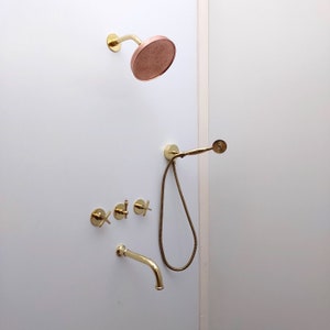 Unlacquered Brass Shower System with Handheld Shower Head, Tub Filler and Copper Round Rain Shower Head
