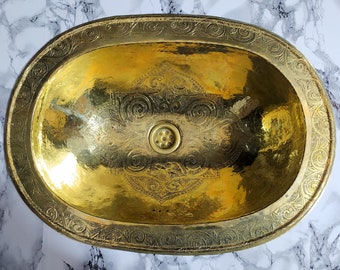 Handcrafted Drop-in Sink With Single Hole Brass Faucet, Engraved Brass, Bathroom Sink