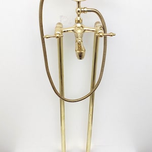 Tub Filler Freestanding Bathtub Faucet with Hand Shower, Floor Mounted Brass Bathroom Tub Faucets, Unlacquered Brass Clawfoot Tub Faucet