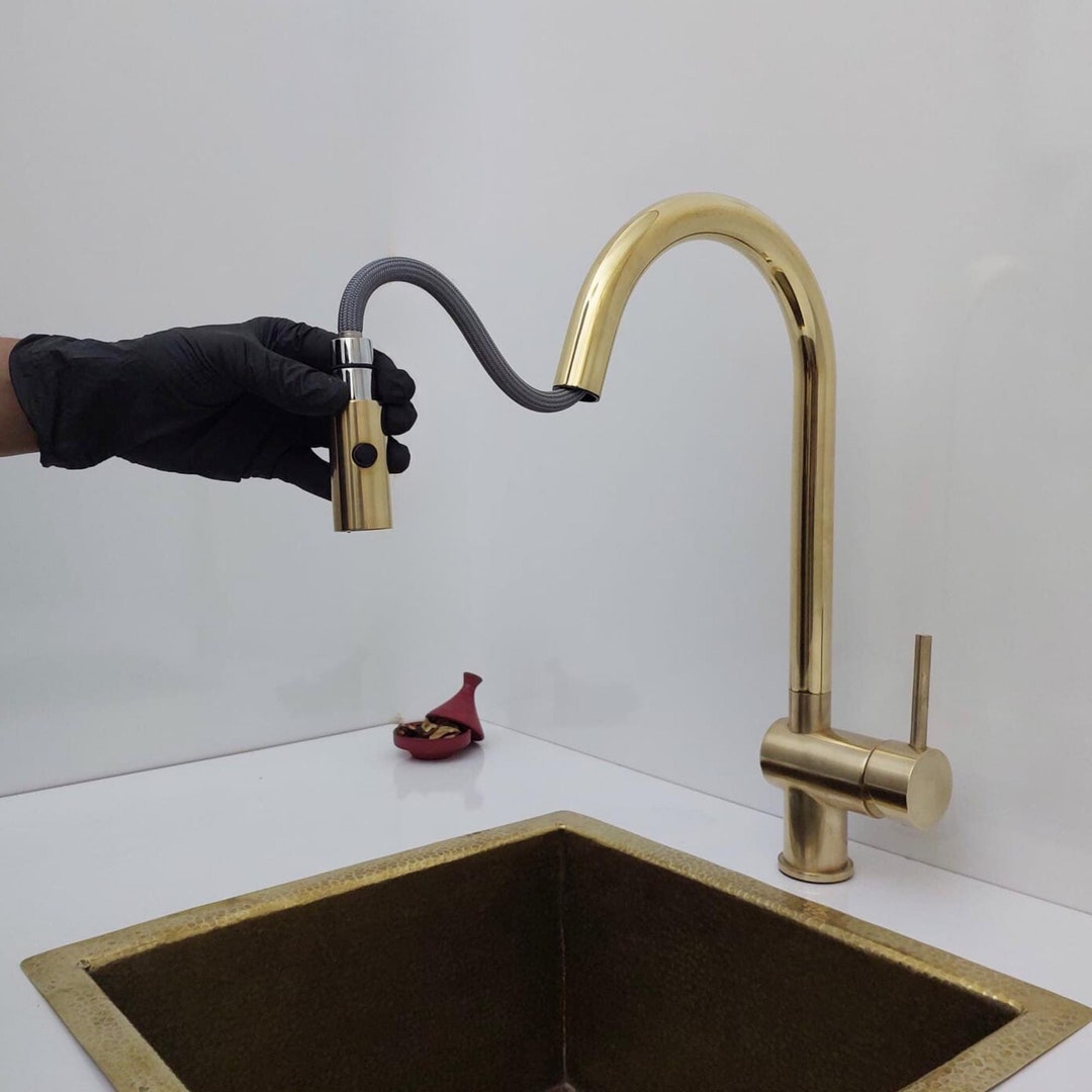 Unlacquered Brass Kitchen Faucet With Pull-down Sprayer and Single ...