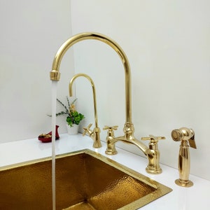 Unlacquered Brass Bridge Kitchen Faucet With Sprayer, Cold Water Tap, And Cross Handles