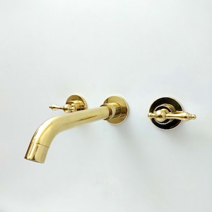 Unlacquered Brass Wall Mount Faucet, Gooseneck Faucet, Vintage Brass Wall Mounted tap, 3-Hole Wall Mount Bathroom Faucet with Lever Handles