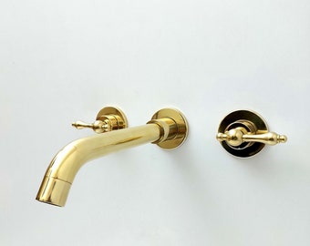 Unlacquered Brass Wall Mount Bathroom Faucet, Gooseneck Spout, Lever Handles