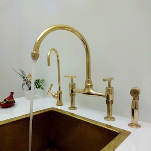 Unlacquered Brass Bridge Kitchen Faucet With Sprayer and Lever Handles | 8&quot; Spread Brass Faucet | Living Finish Antique Faucet