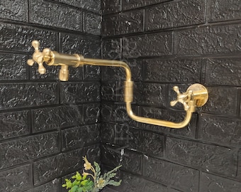 Handcrafted Unlacquered Brass Pot Filler Kitchen Faucet, Cross Handle