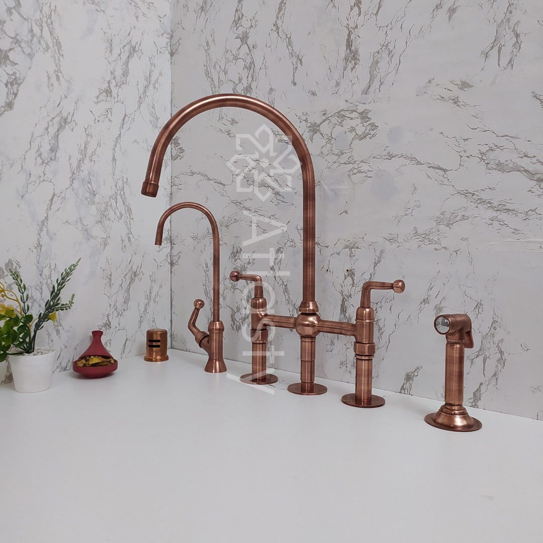 Antique Copper Kitchen Bridge Faucet With Sprayer – Farmhouse Decor - Etsy