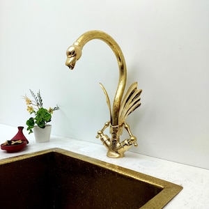 Unlacquered Brass Swan Faucet with two Lever Handles, Engraved Faucet, Antique Brass Bathroom Faucet, Gooseneck Faucet.