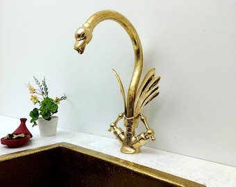 Unlacquered Brass Swan Faucet with two Lever Handles, Engraved Faucet, Antique Brass Bathroom Faucet, Gooseneck Faucet.