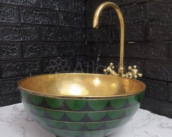 Lavabo de latón y resina para baño, diseño en negro y verde