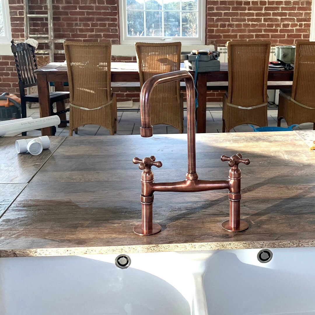 Solid Copper Bridge Kitchen Faucet | Cross Handle, Sprayer & Filtered ...