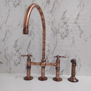 Copper Kitchen Bridge Faucet Copper Tap with Lever Handle Copper Sprayer & Filtered Water Tap Copper Antique Faucet image 5