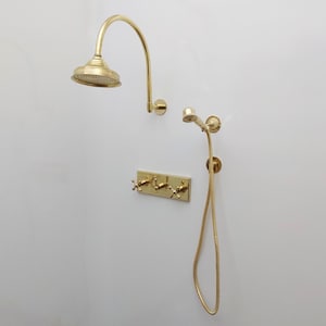 Unlacquered Brass Shower System with Central Brass Plaque and Cross Handles, Bridge Arm Round Rain Shower Head
