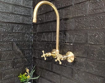 6" Unlacquered Brass Wall Mount Faucet, Gooseneck Faucet