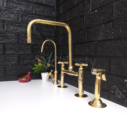 Unlacquered Brass Widespread Bathroom Faucet With Cross Etsy