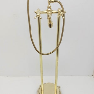 Tub Filler Freestanding Bathtub Faucet with Hand Shower, Floor Mounted Brass Bathroom Tub Faucets, Unlacquered Brass Clawfoot Tub Faucet