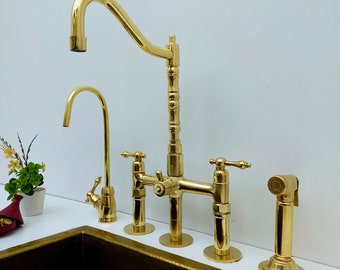 真鍮製ブリッジキッチン蛇口（レバーハンドルとスプレー付き）