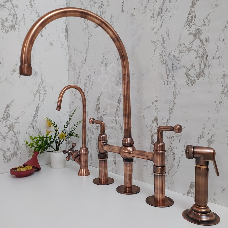 Copper Kitchen Bridge Faucet Copper Tap with Lever Handle Copper Sprayer & Filtered Water Tap Copper Antique Faucet image 2