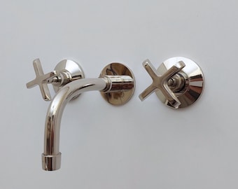 Wall-Mounted Bathroom Faucet with Nickel Finish – Cross Handles and 5" Spout, Brass Faucet