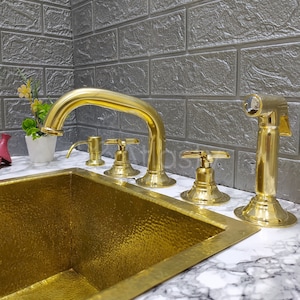 Unlacquered Brass 3 Holes Faucet with Cross or Lever Handles, Sprayer, and Soap Dispenser - Timeless Design for Kitchen or Bathroom