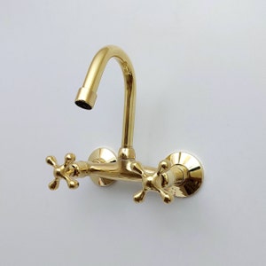 Unlacquered Brass Wall Mount Faucet, Gooseneck Faucet, Vintage Brass Wall Mounted tap, 2 Hole Wall Mount Bathroom Faucet with Cross Handles