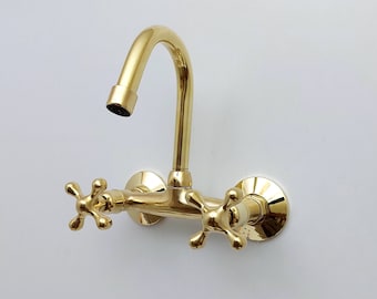 Unlacquered Brass Wall Mount Faucet, Gooseneck Spout, Cross Handles