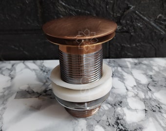 Handmade Unlacquered Copper Sink Strainer Stopper, Push Up Drain