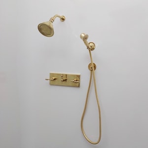Unlacquered Brass Shower System with Adjustable Round Rain Shower Head and Lever Handles