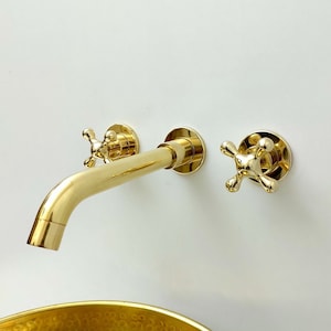 Unlacquered Brass Wall Mount Faucet, Gooseneck Faucet, Vintage Brass Wall Mounted tap, 3-Hole Wall Mount Bathroom Faucet with Cross Handles