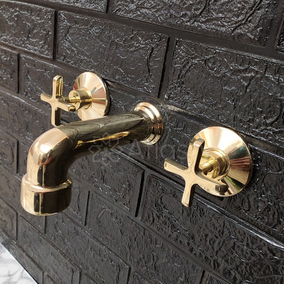 Unlacquered Brass Wall Mount Faucet | Cross Handle Vessel Sink