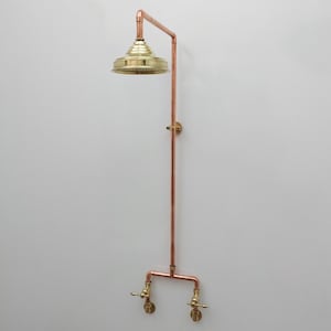 Unlacquered Brass and Copper Shower System with Round Rain Shower Head & Lever Handles - Outdoor and Indoor Shower System