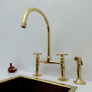 Unlacquered Brass Bridge Kitchen Faucet with High-Pressure Sprayer – Customizable Cross Handles - Vintage Kitchen Faucet