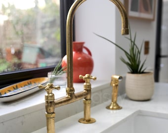 Unlacquered Brass Bridge Kitchen Faucet | Side Sprayer & Filter Tap Options